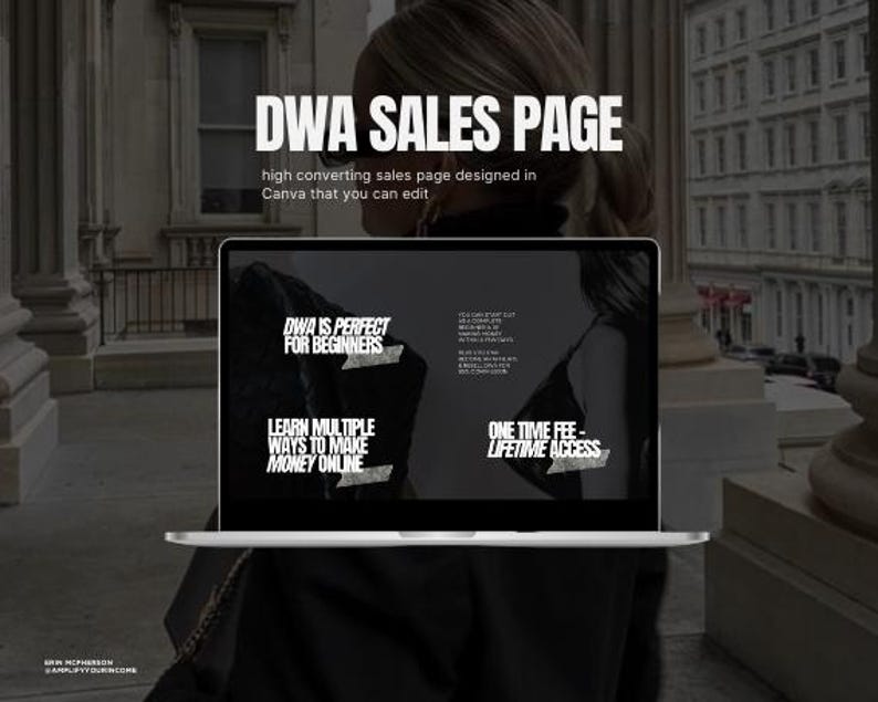 Peut inclure: L'&eacute;cran d'un ordinateur portable affiche une page de vente pour un produit num&eacute;rique appel&eacute; "DWA". La page pr&eacute;sente le texte "DWA est parfait pour les d&eacute;butants", "Apprenez plusieurs fa&ccedil;ons de gagner de l'argent en ligne" et "Frais unique - Acc&egrave;s &agrave; vie".
