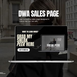 Peut inclure: Un &eacute;cran d'ordinateur portable affichant une page de vente avec le texte "DWA Sales Page" et "Want to Learn More? Grab My Sneak Peek Here". La page a un bouton qui dit "Get It Here" avec une ic&ocirc;ne de c&oelig;ur.