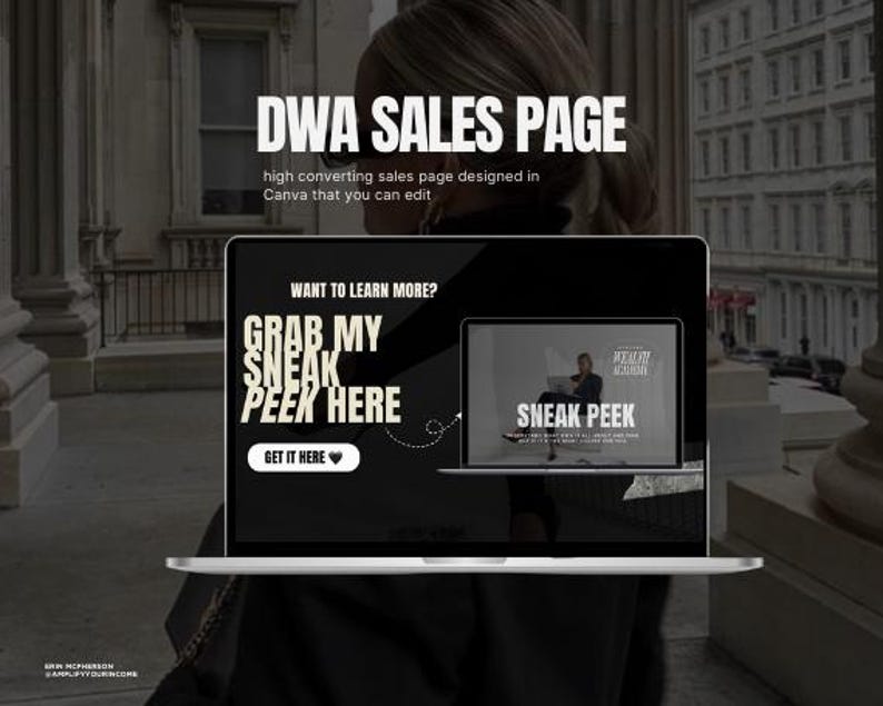 Peut inclure: Un &eacute;cran d'ordinateur portable affichant une page de vente avec le texte "DWA Sales Page" et "Want to Learn More? Grab My Sneak Peek Here". La page a un bouton qui dit "Get It Here" avec une ic&ocirc;ne de c&oelig;ur.
