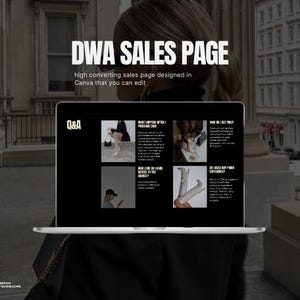 Peut inclure: Un &eacute;cran d'ordinateur portable affichant un site Web avec un fond noir et du texte blanc. Le site Web est intitul&eacute; "DWA Sales Page" et pr&eacute;sente une section Q&A avec des questions sur le produit. Le site Web est con&ccedil;u pour &ecirc;tre utilis&eacute; pour la vente de produits en ligne.