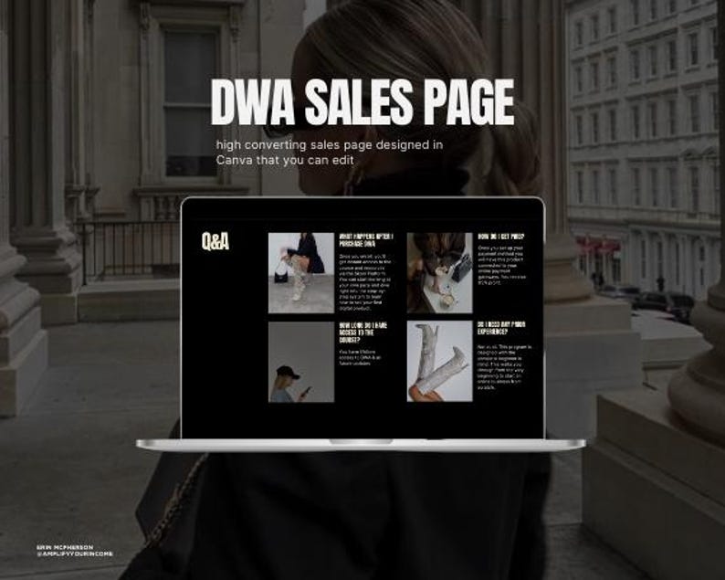Peut inclure: Un &eacute;cran d'ordinateur portable affichant un site Web avec un fond noir et du texte blanc. Le site Web est intitul&eacute; "DWA Sales Page" et pr&eacute;sente une section Q&A avec des questions sur le produit. Le site Web est con&ccedil;u pour &ecirc;tre utilis&eacute; pour la vente de produits en ligne.