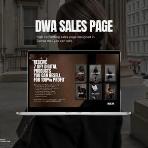 Peut inclure: Un &eacute;cran d'ordinateur portable affichant une page de vente avec le texte "DWA SALES PAGE" et "RECEIVE 7 DFY DIGITAL PRODUCTS YOU CAN RESELL FOR 100% PROFIT". La page est con&ccedil;ue dans Canva et est une page de vente &agrave; fort taux de conversion.