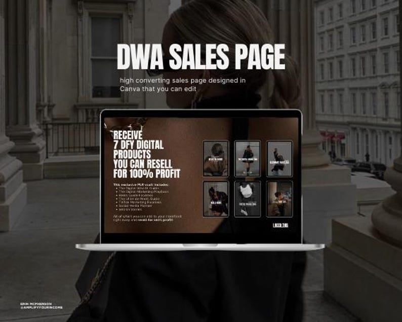 Peut inclure: Un &eacute;cran d'ordinateur portable affichant une page de vente avec le texte "DWA SALES PAGE" et "RECEIVE 7 DFY DIGITAL PRODUCTS YOU CAN RESELL FOR 100% PROFIT". La page est con&ccedil;ue dans Canva et est une page de vente &agrave; fort taux de conversion.