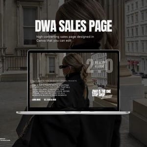 Peut inclure: L'&eacute;cran d'un ordinateur portable affichant une page de vente de site Web pour un cours de marketing num&eacute;rique. La page pr&eacute;sente une femme en tenue noire et le texte "DWA is the one stop shop".
