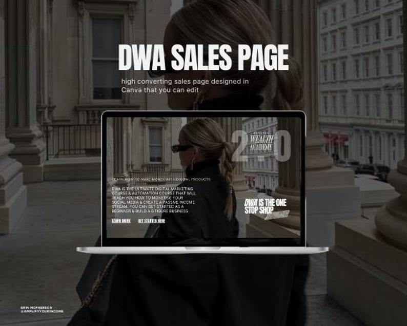 Peut inclure: L'&eacute;cran d'un ordinateur portable affichant une page de vente de site Web pour un cours de marketing num&eacute;rique. La page pr&eacute;sente une femme en tenue noire et le texte "DWA is the one stop shop".