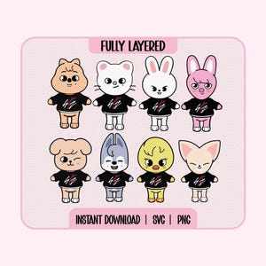 Può includere: Illustrazione digitale di otto personaggi di animali dei cartoni animati con maglioni neri con un design rosso e bianco. L'immagine include il testo "FULLY LAYERED" in alto e "INSTANT DOWNLOAD | SVG | PNG" in basso.