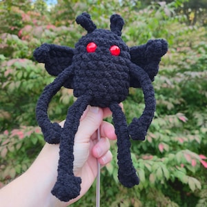 May include: A black crocheted moth toy with red eyes, small wings, and long, dangling legs. The handmade plushie has a textured appearance and is held against a backdrop of green and red foliage.