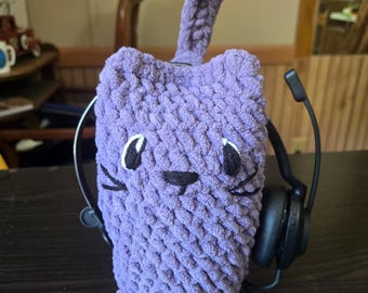 Plushie Cat Headset Stand – Virkad hörlurshållare för skrivbord – Söt kattdekorationspresent för spelare, kontor eller kontorstillbehör för hemarbete