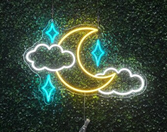 May include: A neon sign with a yellow crescent moon and white clouds. The moon is surrounded by four blue stars. The sign is hanging from a wire.