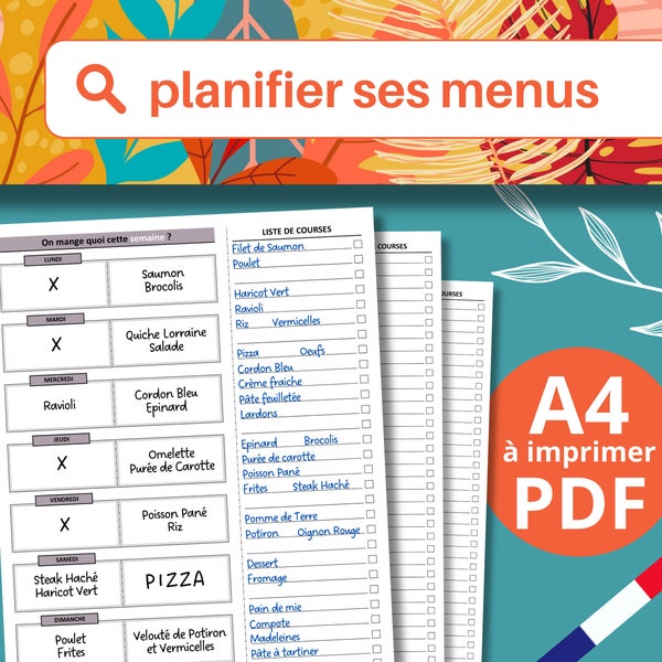 Planner Menus Week to print, Shopping list, Meal planner, To do list, Weekly, 5 colors, Wall planner