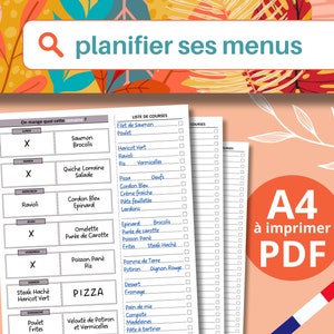 May include: A printable A4 PDF document with a French flag in the corner. The document is a meal planner with a list of ingredients and a weekly menu. The text on the document reads "Planifier ses menus" and "On mange quoi cette semaine?"