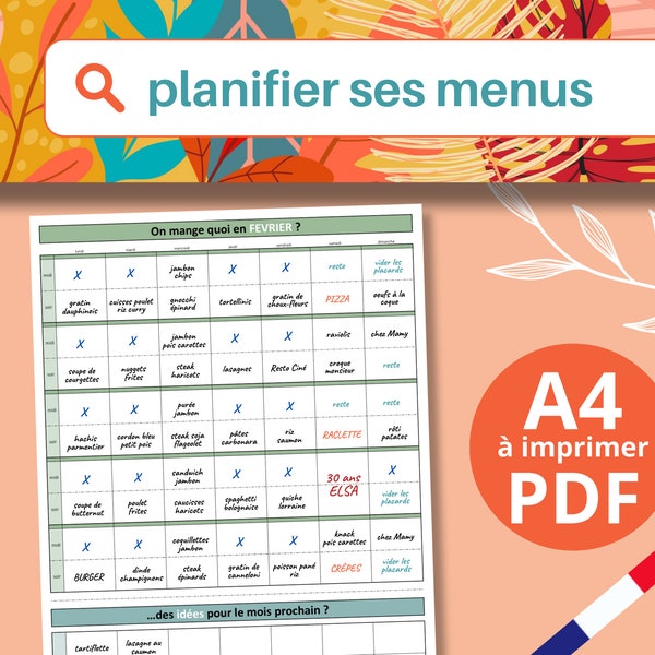 Planner Menus Mensuel à imprimer, 12 pages, 12 mois, Planification des Menus au mois, Meal planner