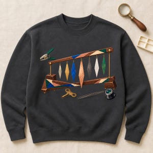 May include: A dark gray crewneck sweatshirt featuring a graphic print of a wooden stand holding several diamond-shaped pendants in various colors and textures, accompanied by a small metal clamp, a winding key, tweezers, and a jeweler's loupe.