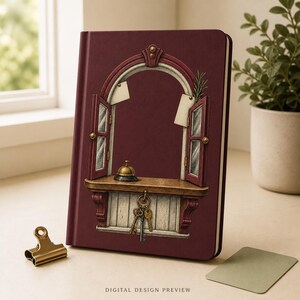 Peut inclure: Un carnet à couverture rigide bordeaux profond présentant une illustration centrale d'une fenêtre arquée avec des volets ouverts, un rebord en bois, une cloche de réception en laiton et des clés suspendues. Le texte "DIGITAL DESIGN PREVIEW" est imprimé en bas.