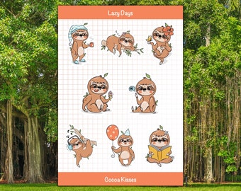 Cartoon sloth sticker sheet | Cute Kawaii themed stickers for laptops, water bottles, planners, notebooks & accessories