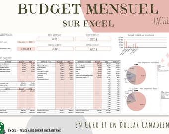 Budget Planner Français, Budget Mensuel digital sur Excel, méthode des Enveloppes Budget, Finances personnelles, Euro et Dollar, Rose