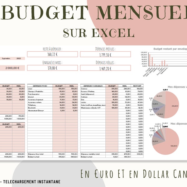 Budget Planner Français, Budget Mensuel digital sur Excel, méthode des Enveloppes Budget, Finances personnelles, Euro et Dollar, Rose