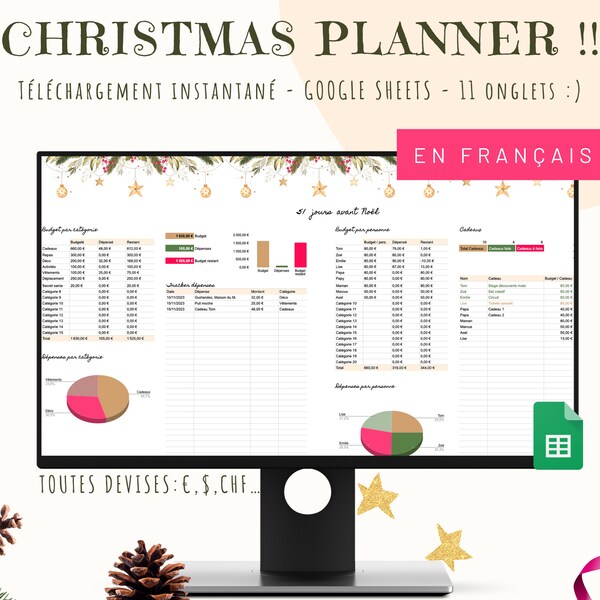 Christmas Tracker, en français, Planner de Noël avec Budget Noël, Tracker cadeaux, To do list de Noël, questionnaire Secret Santa, et autres