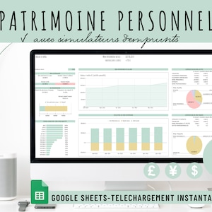 Automated Net worth tracker spreadsheet in French. With dashboard, loan calculator and amortization table. Easy to use. For Google sheets.