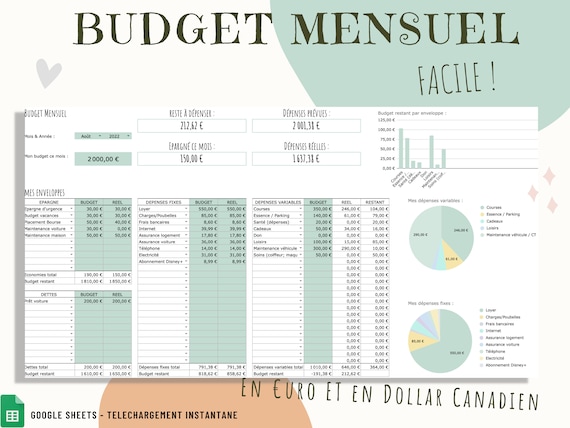 Monthly Budget Spreadsheet in French, Green Version, Cash Envelopes Method,  Budget Planner, Google Sheets, Personal Finances 