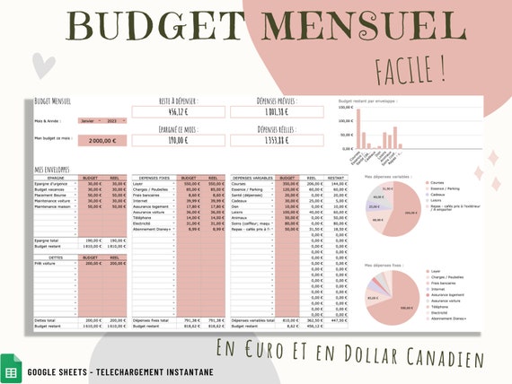 Budget Planner in French, Monthly Budget Spreadsheet in Euro and Canadian  Dollar, Google Sheets, Rose Latte, Cash Envelopes, Digital Planner 