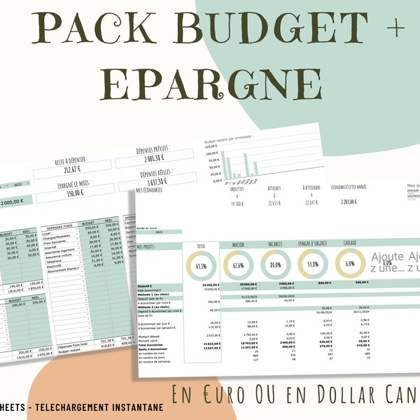 Pack Budget planner et Tracker économies en français, Budget Mensuel digital en euro ou dollar canadien, Google Sheets, couleur vert