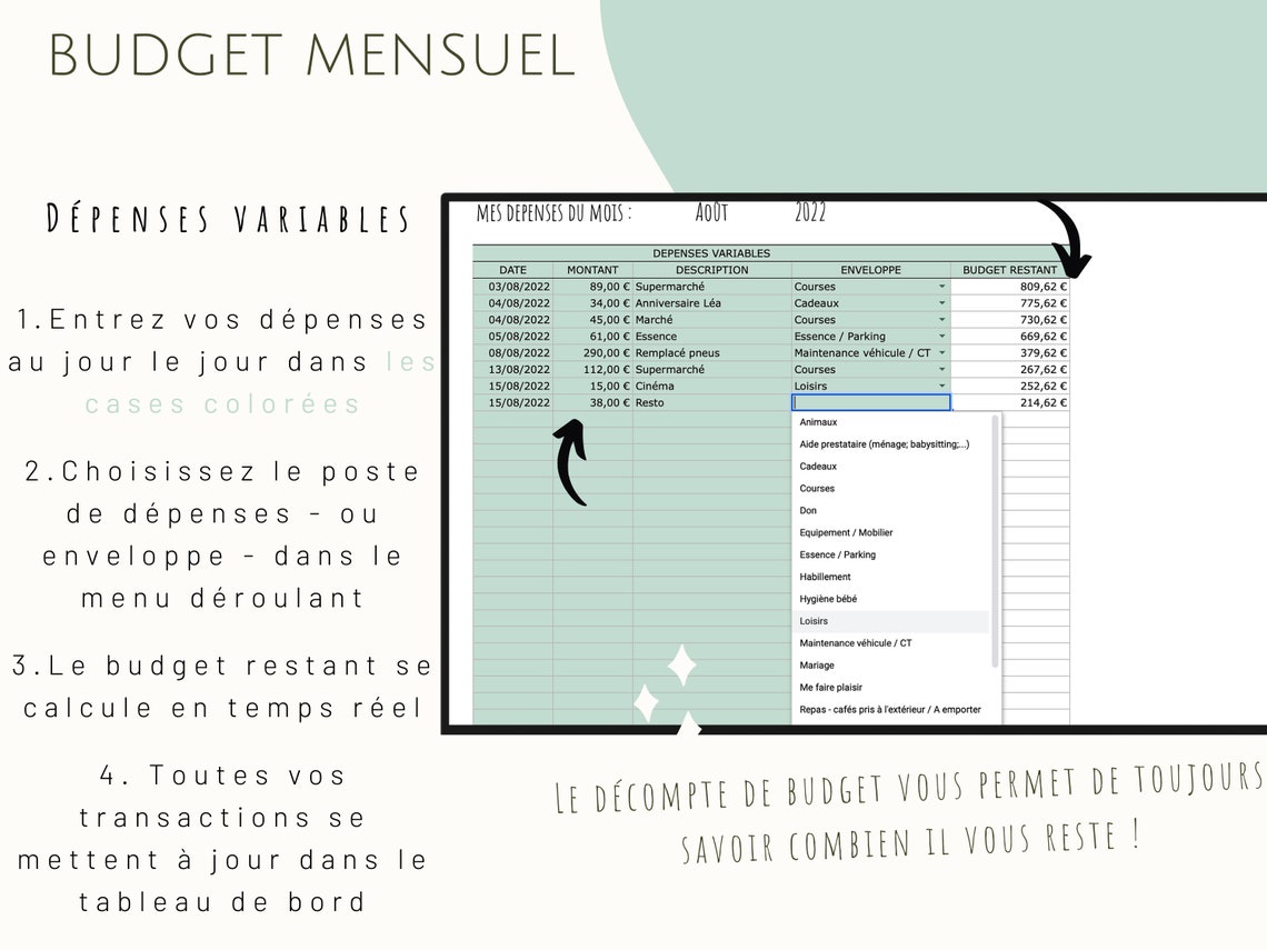 Monthly Budget Spreadsheet in French, Green Version, Cash Envelopes ...