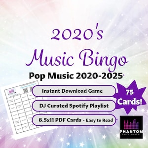Puede incluir: Un juego de descarga digital llamado "2020's Music Bingo" con tem&aacute;tica de m&uacute;sica pop. La imagen presenta una tarjeta de bingo, el texto "Instant Download Game", "DJ Curated Spotify Playlist" y "8.5x11 PDF Cards - Easy to Read". El juego incluye 75 cartas.