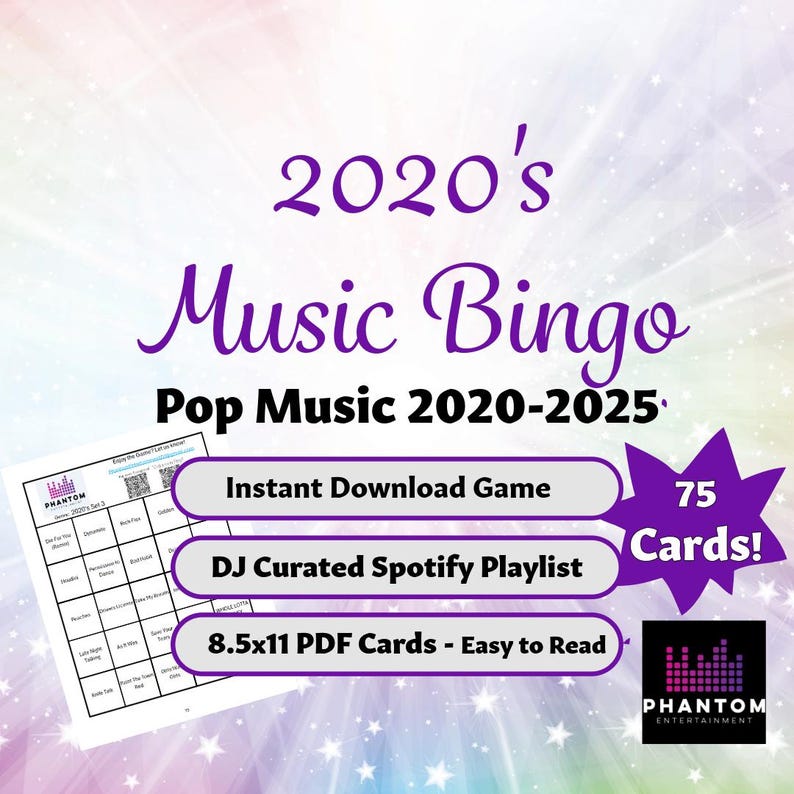 Puede incluir: Un juego de descarga digital llamado "2020's Music Bingo" con tem&aacute;tica de m&uacute;sica pop. La imagen presenta una tarjeta de bingo, el texto "Instant Download Game", "DJ Curated Spotify Playlist" y "8.5x11 PDF Cards - Easy to Read". El juego incluye 75 cartas.