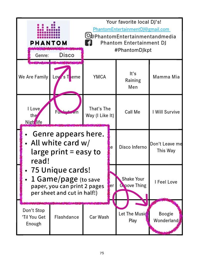 Puede incluir: Una tarjeta de bingo blanca con tem&aacute;tica disco, con t&iacute;tulos de canciones como "Boogie Wonderland" e "I Will Survive". La tarjeta incluye el texto "Genre: Disco" y "75 Unique cards!"