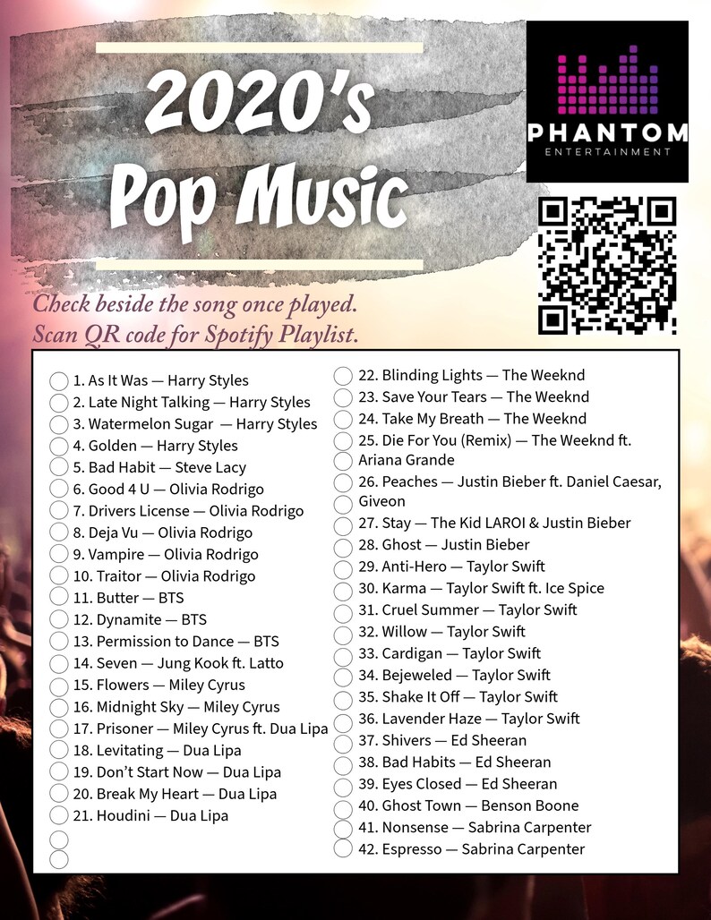 Puede incluir: Un cartel vertical con el t&iacute;tulo '2020's Pop Music'. Incluye una lista de canciones populares, un c&oacute;digo QR y el logotipo de Phantom Entertainment.
