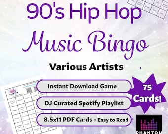 Jaren 90 hiphopmuziekbingo: partygame voor volwassenen (afdrukbare pdf-download)