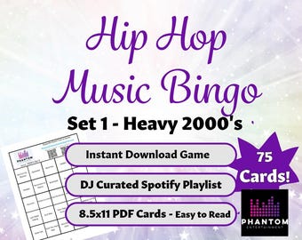 Bingo de música hip hop de los años 2000: 75 tarjetas imprimibles (descarga instantánea)