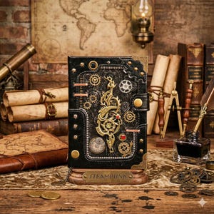 May include: A black leather journal with a steampunk design. The cover features brass gears, a decorative emblem, and the word "STEAMPUNK" on a brass plate. The journal is set on a wooden base, evoking a vintage aesthetic.