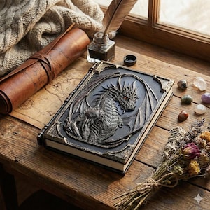 May include: A detailed, embossed journal with a dragon design. The cover is dark gray with a raised dragon image, red eyes, and intricate wing details. The journal is on a wooden surface with a leather scroll, inkwell, and decorative stones.