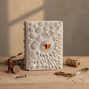 Op de afbeelding: Een wit fantasiedagboek met een drakenoogontwerp. De omslag heeft een gedetailleerd reliëf van een drakenoog, hoorn en schubben. Het oog is oranje en geel. Het dagboek ligt op een houten oppervlak met een veer en andere decoratieve items.