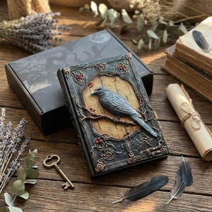 Puede incluir: Un diario detallado con una ilustración de cuervo en la portada, sobre un fondo de madera. El diario está en una caja negra, con una llave vintage, plumas y un pergamino cerca. La portada presenta un diseño de cuervo en 3D.