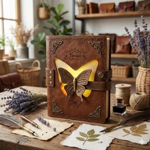 May include: A brown leather journal featuring a butterfly design and the word "Eternal". The journal has a strap closure and decorative metal corners. It sits on a wooden table with pens, ink, and dried lavender. The journal's dimensions are approximately 20 cm x 15 cm.