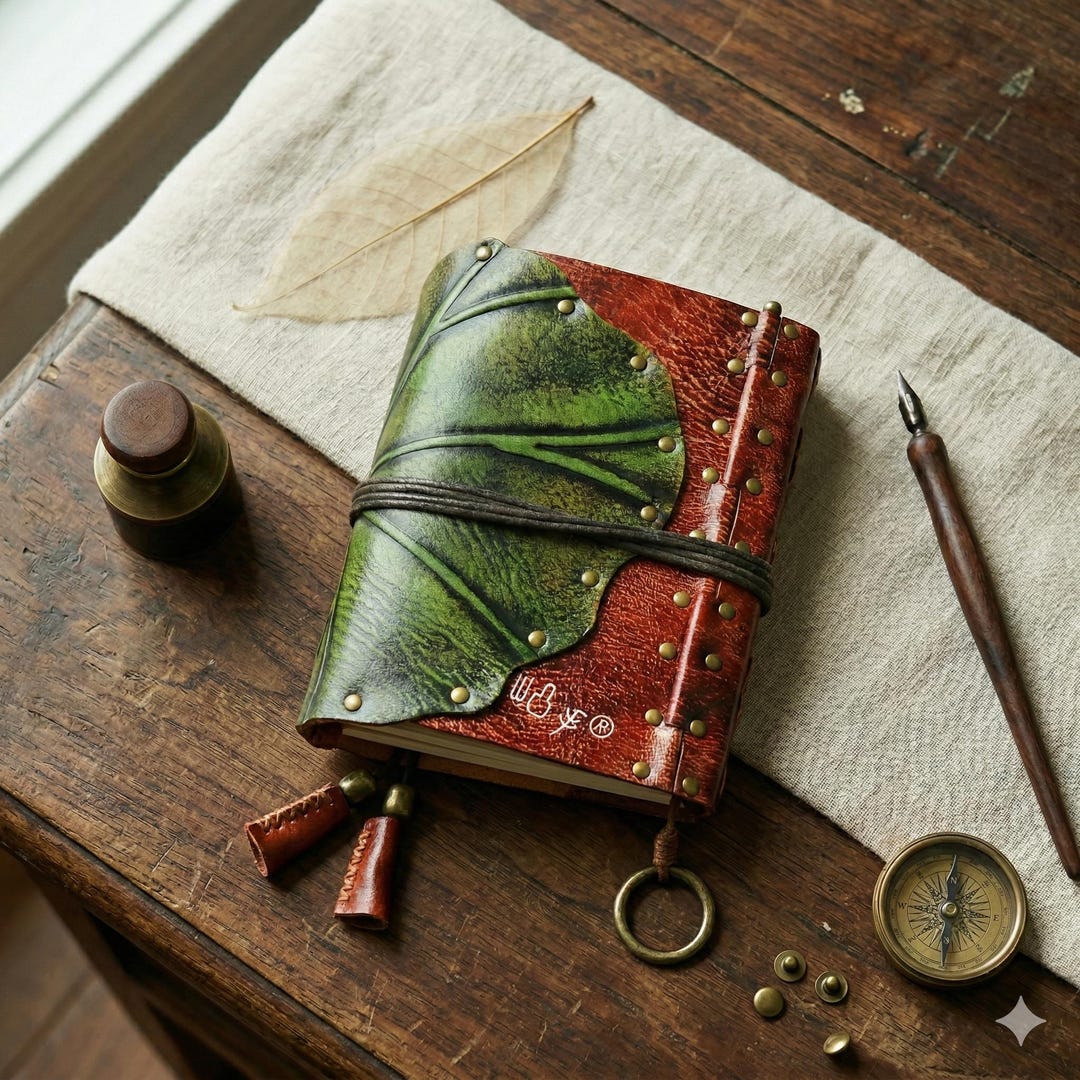 Rustic Notebooks Embossed Green Leaf Leather Journal, Vintage Rustic Notebook, Botanical ...