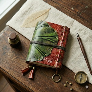 May include: A leather-bound journal with a green leaf design on the cover. The journal is secured with a leather strap and brass rivets. A compass, ink bottle, and pen are also visible.