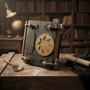 May include: A detailed, dark gray book with gold accents, featuring an Egyptian-themed design. The book has a large gold starburst emblem and hieroglyphic details. A magnifying glass, scroll, and coins are on the wooden surface.