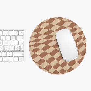 Wavy Checkered Check brown & beige Wavy Groovy Trippy Checkerboard round Mouse Mat Pad For PC Mac Computer, gift for coworker/friend