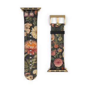 Uhrenarmband für Apple Watch Series 1-9 SE in Botanischer Blumen Schwarz - Geschenk für Sie, Ersatzarmband Blumenmuster, Naturliebhaber