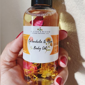 Herbal Infused Body Oil for Dry Skin, Calendula and Rose Body Oil, Organic Body Oil with Vitamin E and A, Moisturizing Body Oil, Lightweight