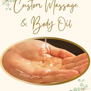 May include: A hand with golden oil pouring onto it. The image is surrounded by a gold oval. The text "Custom Massage & Body Oil" is written in gold script. The text "www.etsy.com/shop/hayberwoodllc" is written in gold at the bottom of the image.