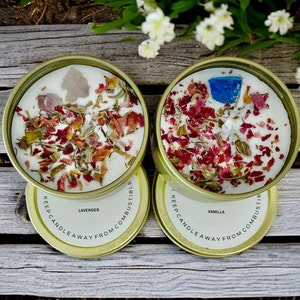 Herbal Crystal Soy Candle Tin: Lavender Vanilla Scented, 4 oz