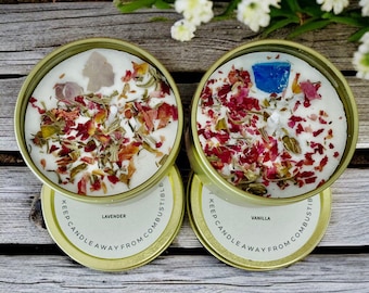 Herbal Crystal Soy Candle Tin: Lavender Vanilla Scented, 4 oz