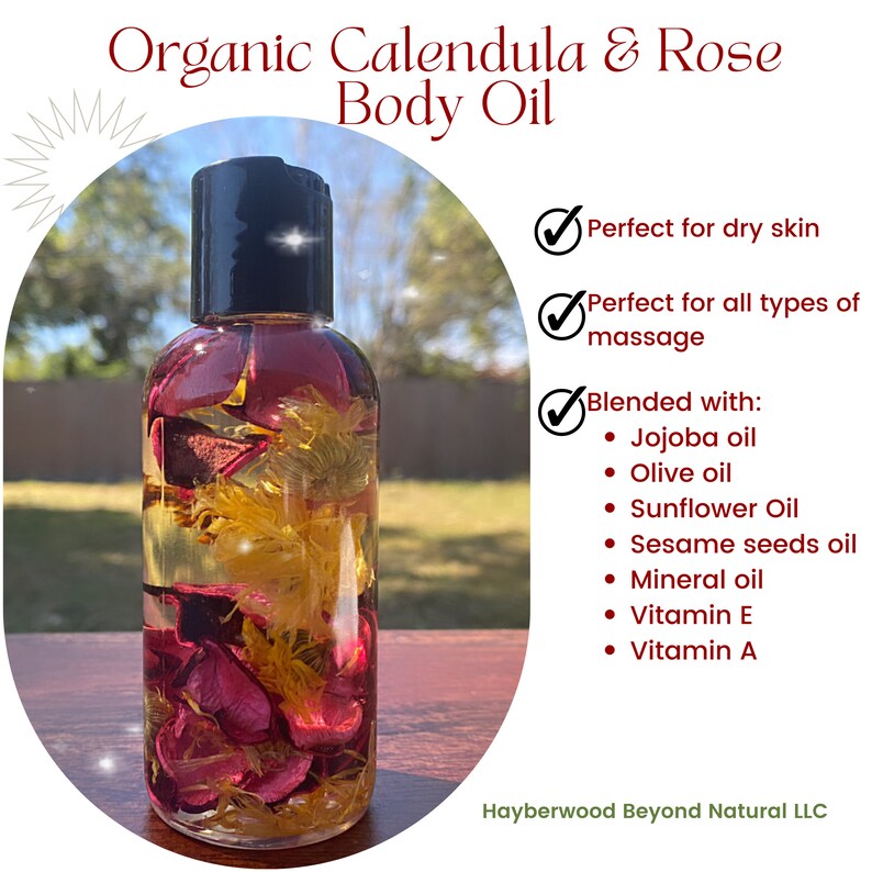 Herbal Infused Body Oil for Dry Skin, Calendula and Rose Body Oil, Organic Body Oil With Vitamin