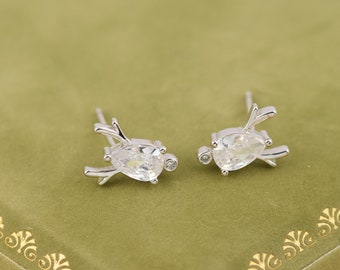 Boucles d'oreilles en bois de cervidé, boucles d'oreilles de Noël, clous d'oreilles en bois de cervidé en argent sterling, cadeaux de Noël, 92,5% argent sterling