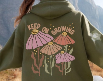 Keep on Growing Shirt, Boho Motivations-Sweatshirt, Selbstliebe-Hoodie, Boho Blumen, Freundin-Geschenk, inspirierendes T-Shirt, positiver Pullover